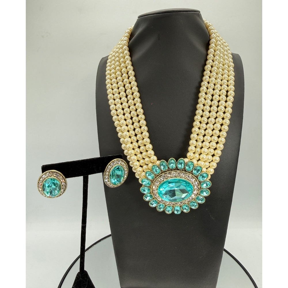 Heidi Daus Beaded Crystal Necklace Pierced Earring Set Aqua  DAZZLING DELIGHT